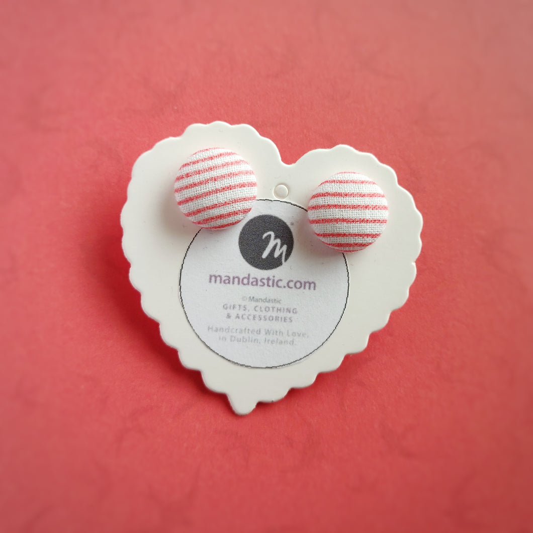 Red and White, Stripes, Fabric Button, Stud Earrings