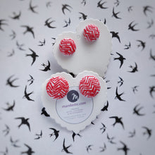 Red and White, Zig Zag, Fabric Button, Stud Earrings, 2 pairs