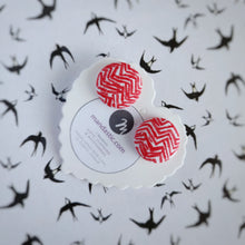 Red and White, Zig Zag, Fabric Button, Stud Earrings, Large pair