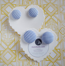 Light-blue and white, Striped, Fabric Button, Stud Earrings, 2 pairs