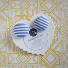 Light-blue and white, Striped, Fabric Button, Stud Earrings, Large pair