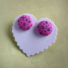 Black on Hot-pink, Polka-dots, Fabric Button, Stud Earrings, Large pair