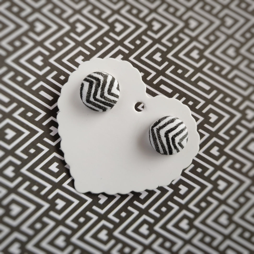 Black and White, Zig Zag, Fabric Button, Stud Earrings, Small pair
