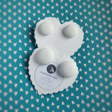 White, Vegan leather, Fabric Button, Stud Earrings, 2 pairs