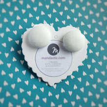 White, Vegan leather, Fabric Button, Stud Earrings, Large pair