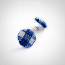 Blue and White, Plaid, Gingham check, Fabric Button, Stud Earrings, Butterfly safety backs