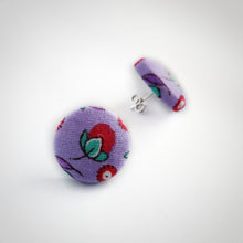 Purple and Red, Floral, Fabric Button, Stud Earrings, Butterfly safety backs