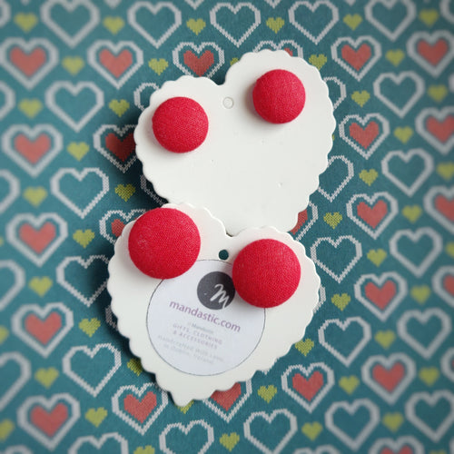 Red, Fabric Button, Stud Earrings, 2 pairs, Cotton