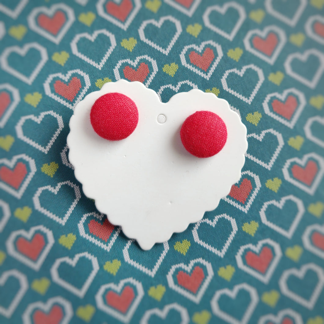 Red, Fabric Button, Stud Earrings, Small pair, Cotton