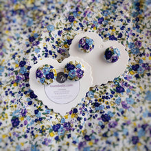 Blue, Floral, Fabric Button, Stud Earrings, 2 pairs
