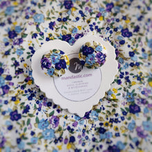 Blue, Floral, Fabric Button, Stud Earrings, Large pair