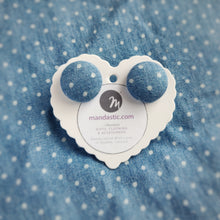 White on Blue, Polka-dots, Fabric Button, Stud Earrings, Large pair, Denim-blue