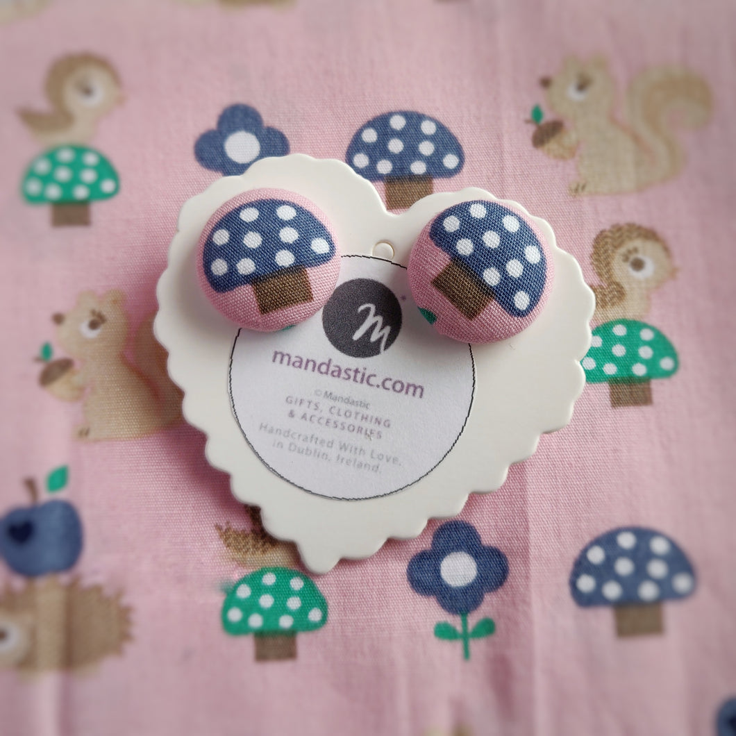Mushrooms, Fabric Button, Stud Earrings, Blue large pair