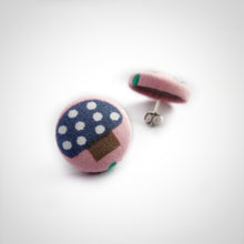 Mushrooms, Fabric Button, Stud Earrings, Blue, Butterfly safety backs