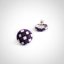 Purple and White, Plaid, Gingham check, Fabric Button, Stud Earrings, Butterfly safety backs