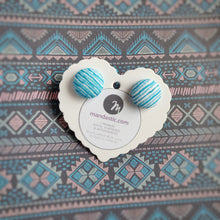 Turquoise and White, Stripes, Fabric Button, Stud Earrings, Small pair