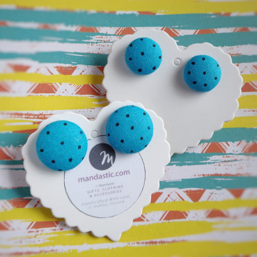 Black on Turquoise, Polka-dots, Fabric Button, Stud Earrings, 2 pairs