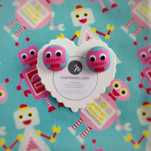 Robots, Fabric Button, Stud Earrings, Hot-pink, Large pair