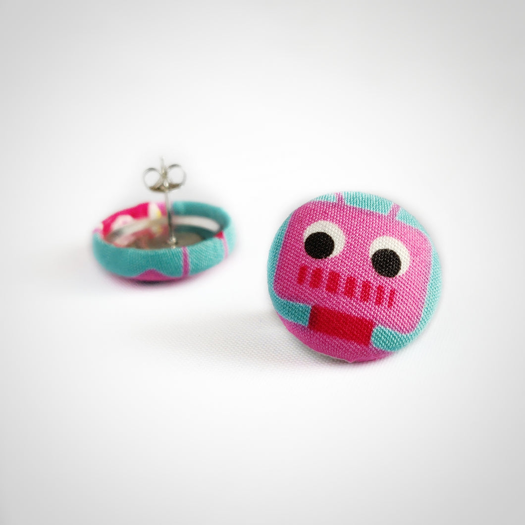 Robots, Fabric Button, Stud Earrings, Hot-pink, Large pair with butterfly safety backs