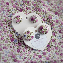 Pink and Purple, Floral, Fabric Button, Stud Earrings, 2 pairs