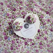 Pink and Purple, Floral, Fabric Button, Stud Earrings, Large pair