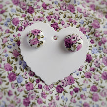 Pink and Purple, Floral, Fabric Button, Stud Earrings, Small pair