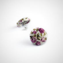 Pink and Purple, Floral, Fabric Button, Stud Earrings, Butterfly safety backs