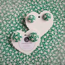 Green, Floral, Fabric Button, Stud Earrings, 2 pairs