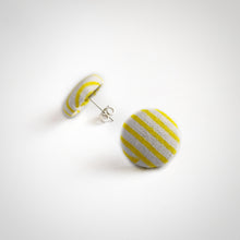 Yellow and White, Stripes, Fabric Button, Stud Earrings, Butterfly safety backs