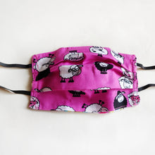 Eco-friendly face mask, face covering made with sheep themed 100% cotton fabric. Colour: Hot pink with white and black details