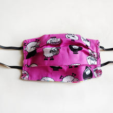 Eco-friendly face mask, face covering made with sheep themed 100% cotton fabric. Colour: Hot pink with white and black details