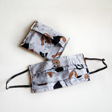 Eco-friendly face mask, face covering made with dog themed 100% cotton fabric and a matching face mask case. Colour: Grey with brown and black details