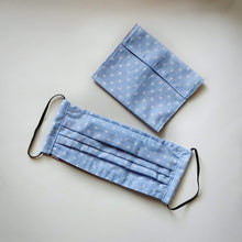 Eco-friendly face mask, face covering made with white on baby-blue polka-dot 100% cotton fabric and a matching face mask case