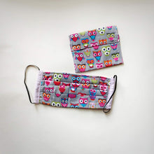 Eco-friendly face mask, face covering made with owl themed 100% cotton fabric and a matching face mask case. Colour: Grey with pink and colourful details
