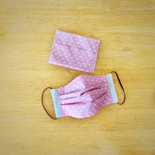 Eco-friendly face mask, face covering made with white on pink polka-dot 100% cotton fabric and a matching face mask case