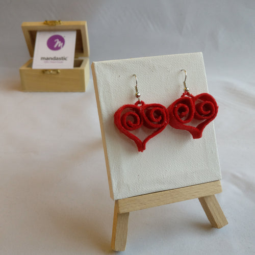 Red felt heart shaped dangle earrings