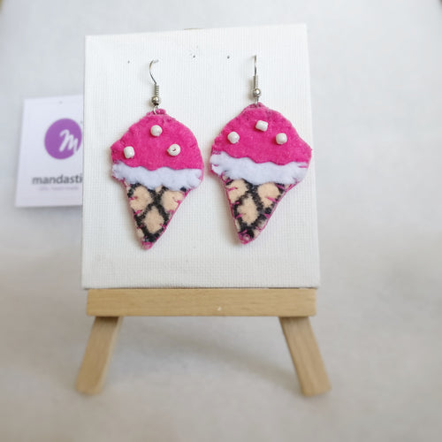 Deep pink, white, ivory Felt and white Beads Ice-cream cone Dangle Earrings