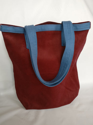 Handmade Bordeaux and cyan Fustian, Tote bag with pocket