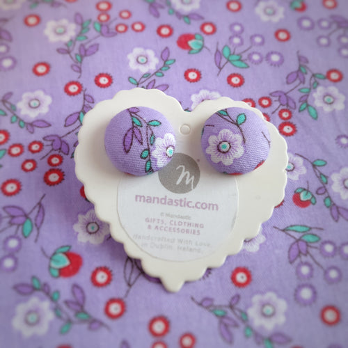 Purple, Floral, Fabric Button, Stud Earrings