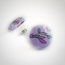 Purple, Floral, Fabric Button, Stud Earrings, Butterfly safety backs