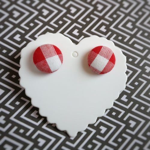 Red and White, Plaid, Gingham check, Fabric Button, Stud Earrings