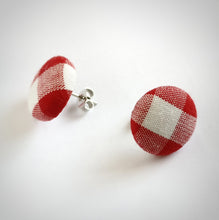 Red and White, Plaid, Gingham check, Fabric Button, Stud Earrings, Butterfly safety backs