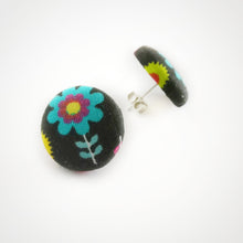 Black, Floral, Fabric Button, Stud Earrings, Butterfly safety backs