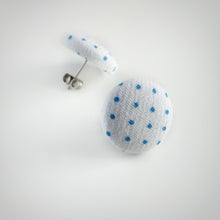 Blue on White, Polka-dots, Fabric Button, Stud Earrings, Butterfly safety backs
