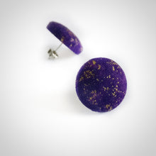 Purple and Gold, Speckled themed, Fabric Button, Stud Earrings, Butterfly safety backs