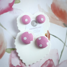 White on Pink, Polka-dots, Fabric Button, Stud Earrings, 2 pairs