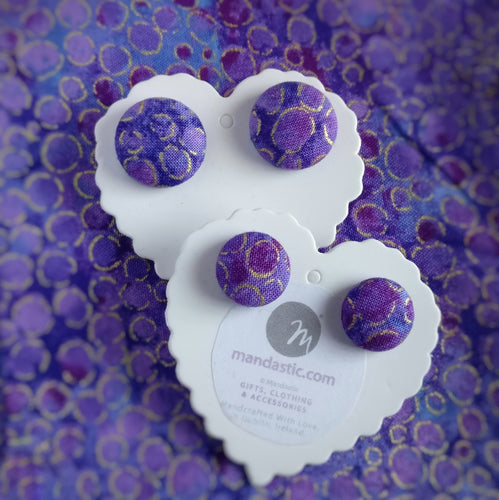 Purple and Gold, Metallic circles themed, Fabric Button, Stud Earrings, 2 pairs