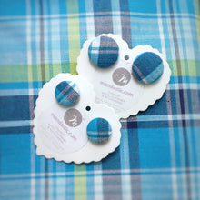 Blue and White, Plaid, Gingham check, Fabric Button, Stud Earrings, 2 pairs