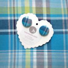 Blue and White, Plaid, Gingham check, Fabric Button, Stud Earrings, Small pair