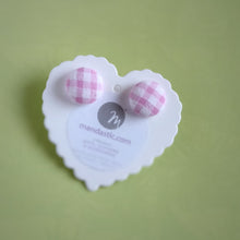 Pink and White, Plaid, Gingham check, Fabric Button, Stud Earrings, Small pair